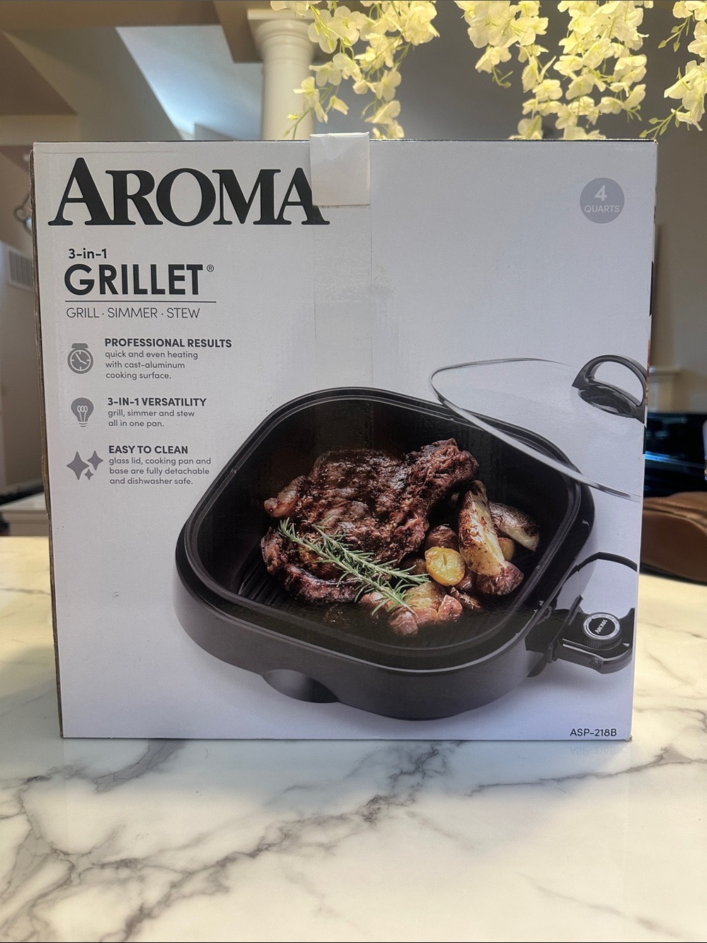 Aroma Home Black 3-in-1 Grillet Electric Grill with Glass Lid